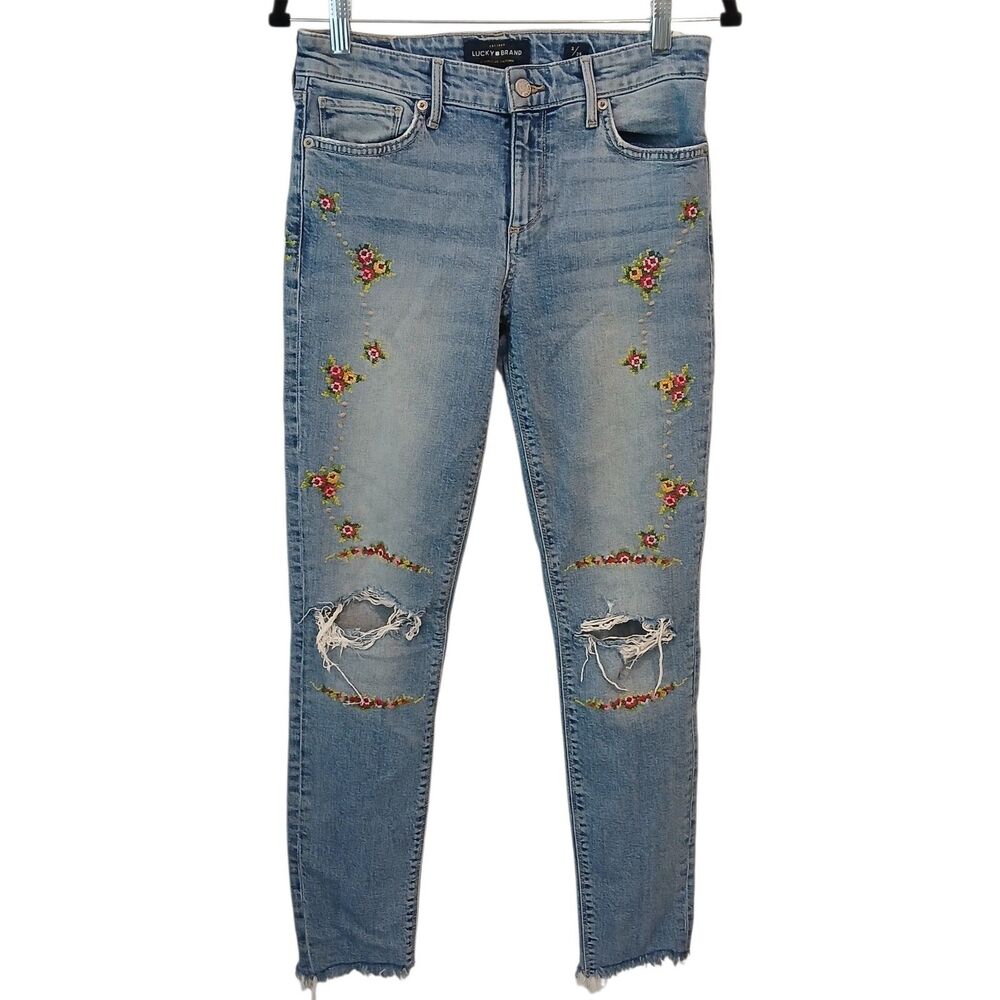 Lucky Brand Ava Skinny Jeans Embroidered Floral Blue Denim Size  2  Distressed